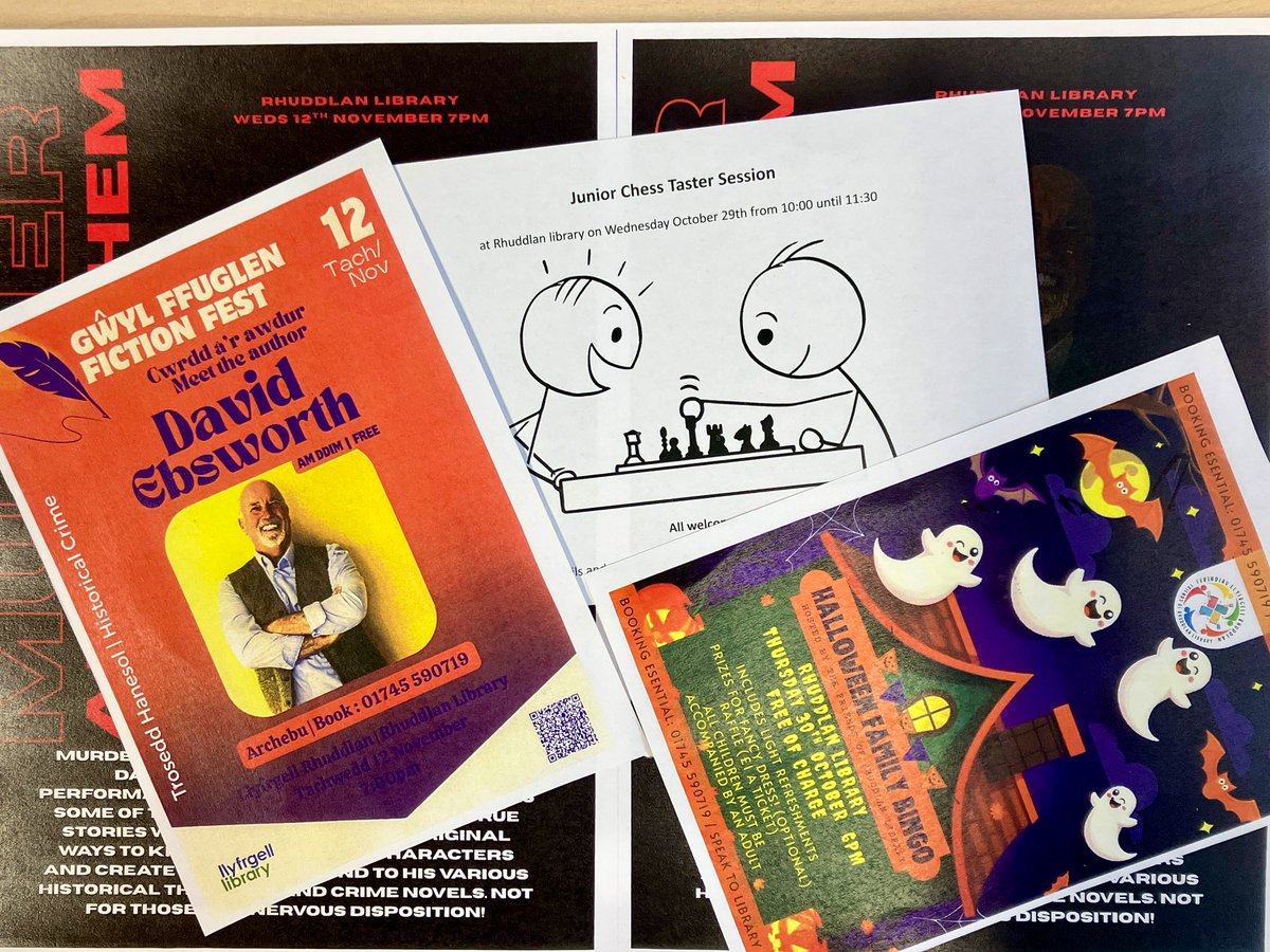 LibLadyDarllen's tweet image. Coming up in Rhuddlan Library: 
10am Wed 29th Oct Junior (Family) Chess♟️ 
6pm Thu 30th Oct Halloween Family Bingo 👻 🎃 (fancy dress optional) 
7pm Wed 12th Nov Murder &amp;amp; Mayhem with David Ebsworth 🔪 #FictionFest 
🆓 All free of charge 🆓 
Book a place 01745 590719 📚