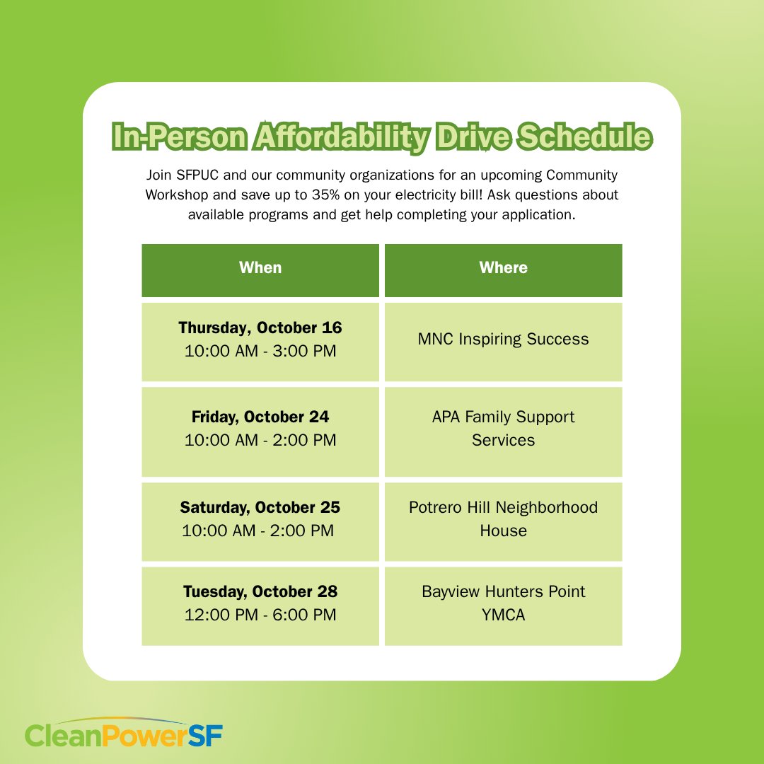 Join us on Tuesday, 10/28 for an upcoming Community Workshop at Bay View Hunters Point YMCA. Ask questions about available programs, get help completing your application, &amp; save up to 35% on your electricity bill. Check out our schedule below! 

🌟 cleanpowersf.org/news/2025/10/9…