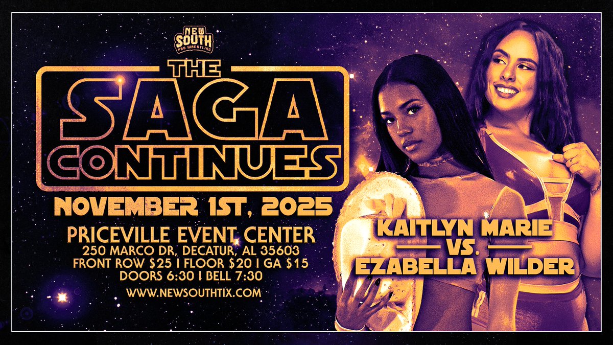 NewSouth_PW's tweet image. THIS SATURDAY at the Priceville Event Center! @NewSouth_PW presents the 11th Installment of THE SAGA CONTINUES!!!!
 @KaitlynMariePro takes on the up and coming Ezabella Wilder in one on one competition!!!
FRONT ROW SOLD OUT. Get your tickets NOW!
NEWSOUTHTIX.COM…