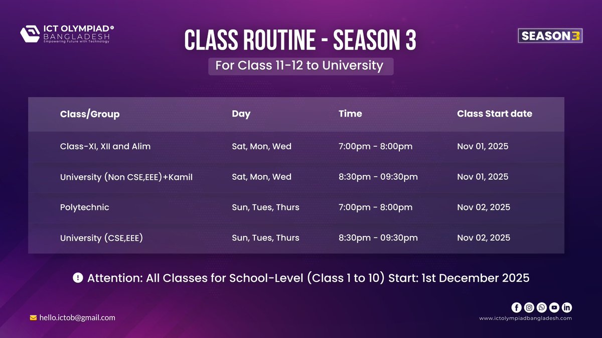 ictolympiadbd's tweet image. 💥 অলিম্পিয়াড পরীক্ষার প্রস্তুতিমূলক ক্লাসের রুটিন প্রকাশিত হয়েছে!

ICT Olympiad Bangladesh Season 3-এর ক্লাস রুটিন এখন অফিসিয়ালি প্রকাশিত!
Class XI–XII, Alim, Polytechnic এবং University শিক্ষার্থীদের জন্য নির্ধারিত সময়সূচি অনুযায়ী ক্লাস শুরু হচ্ছে ১লা নভেম্বর ২০২৫ থেকে।