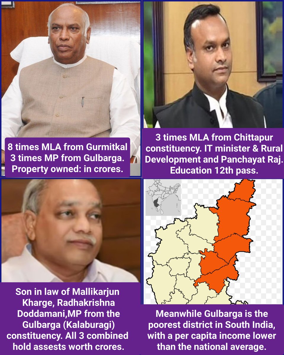 Miracle Miracle !!
Father, Mallikarjun Kharge 
Son, Priyank Kharge 
Son in law 
Have property worth hundreds of crores, while their district is the poorest in all South India with per capita income lower than national average.
True Development and investment is seen here
