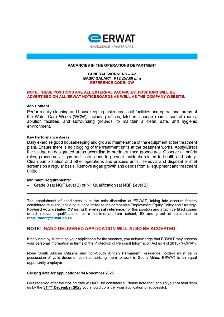 CarolBoitumelo1's tweet photo. ERWAT is hiring General Workers.

Closing date 14 November 2025
Email your CV, qualifications, proof of residence and id copy to recruitment@erwat.co.za https://t.co/bGLLNMo0Jx