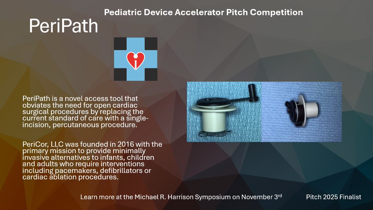 We’re excited to introduce the finalists for the 2025 UCSF–Stanford Pediatric Device Consortium Pitch Competition. 

🫀PeriPath pericor-medtech.com/pericor-llc-te…
📅11/3/2025 | Robertson Auditorium UCSF Mission Bay
🔗pediatricdeviceconsortium.org/events/2025/11…