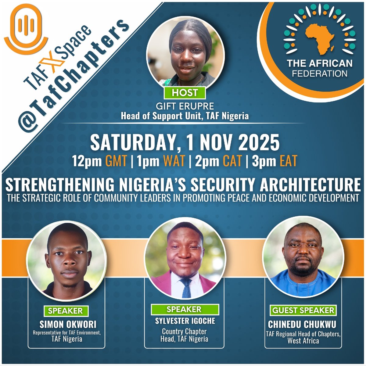 Peace begins at grassroots. Join #TAFNigeria this on 1 Nov 1pm WAT as we explore how community leaders can strengthen #Nigeria’s security and drive economic growth. Featuring: Simon Okwori | Igoche Sylvester | Dr. Chinedu Chukwu | Moderated by Gift Erupre: x.com/i/spaces/1vAxR…