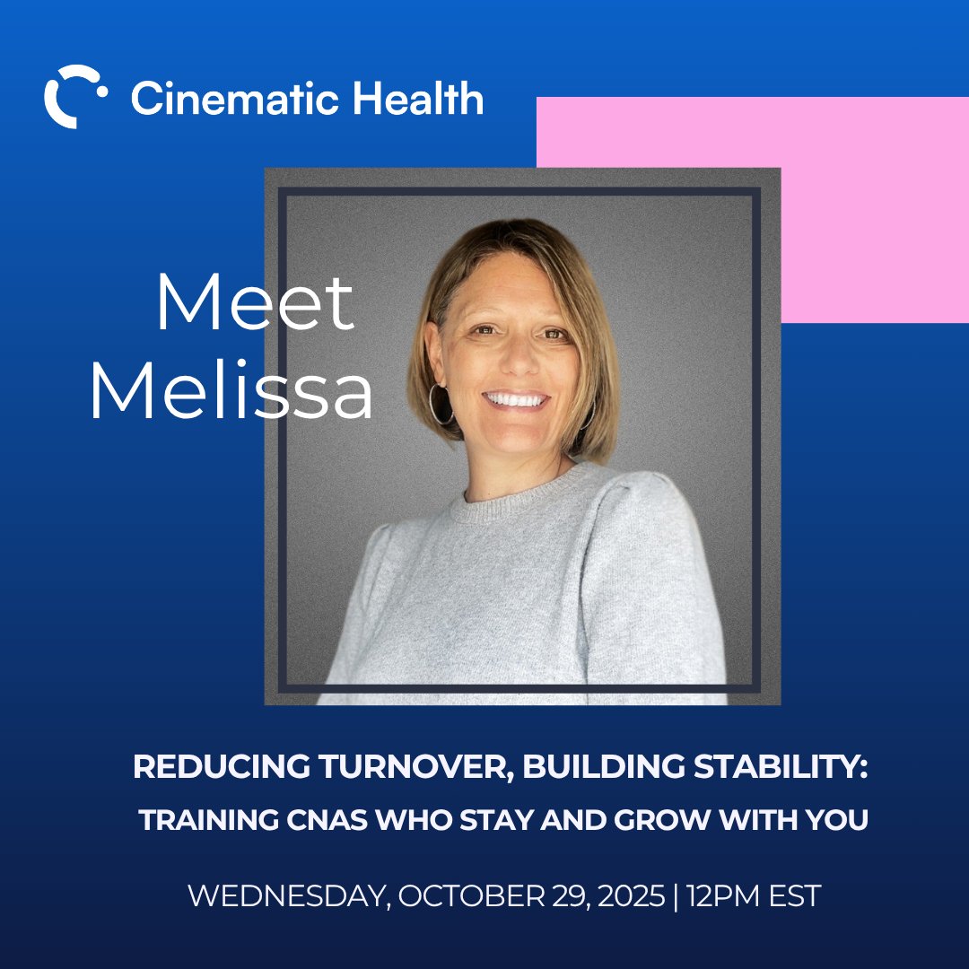 CinematicHealth's tweet photo. Meet our webinar speaker Melissa Mills, MHA, BSN, RN, &amp; HOC. With 20+ years in long-term care, home care, and hospice, Melissa transforms how nurse aides and home health workers are trained. She also serves on multiple boards and champions innovation and inclusion in nursing. https://t.co/uLrr1DLQOV