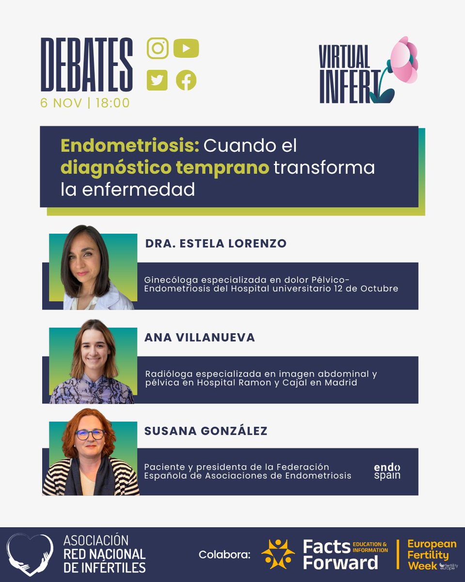 Del 3 al 6 de noviembre a las 18:00h, os traemos cuatro encuentros para reflexionar, aprender y sentirnos acompañad@s.

📆 Estos son los debates de esta #SemanaDeLaFertilidad:

Lunes 3 ➤ 🧩 Reproducción asistida personalizada: ciencia, evidencia y acompañamiento
Con la Dra.