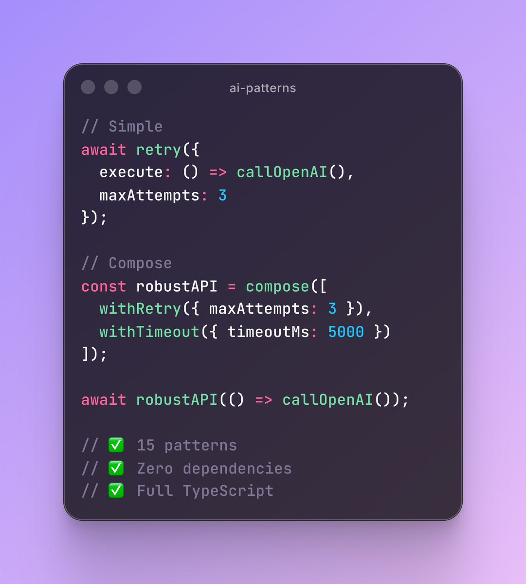 kokoua_serge's tweet image. Building AI apps?  Use ai-patterns:  
15 production patterns for resilient workflows   
✅ Retry, Timeout, Circuit Breaker 
✅ Zero dependencies 
✅ Full TypeScript
npm install ai-patterns  
github.com/kokouaserge/ai…
#AI #TypeScript