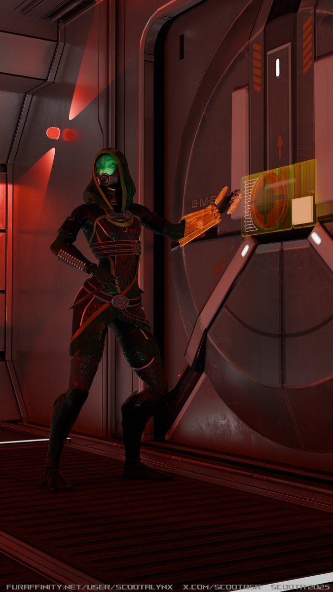 As Charla was gathering the data the team needed, she accidentally  tripped a safety routine in the system she was hacking which caused a  stationwide alarm.

Only this one door holds her off from fleeing. Can she get it open in time?

Quarian model by <a href="/MercifulMEJ/">MercyMEJ</a>