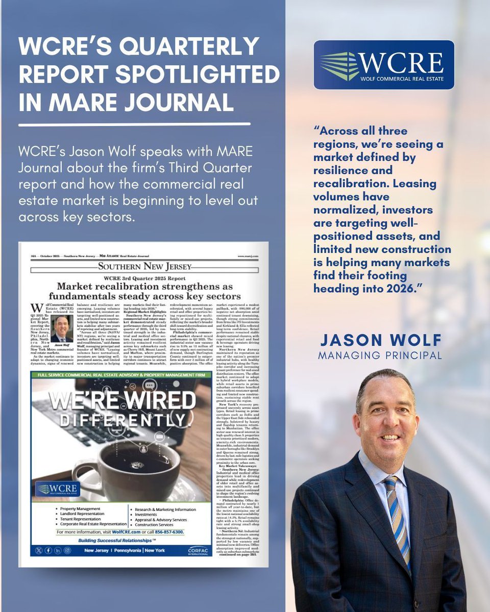 WCRE and Jason Wolf are featured in the latest issue in the Mid Atlantic Real Estate Journal   discussing the key insights from our Third Quarterly Market Report. 

Read the full article here👉 online.flippingbook.com/view/417705384 

#CRE #QuartleryReport #Feature