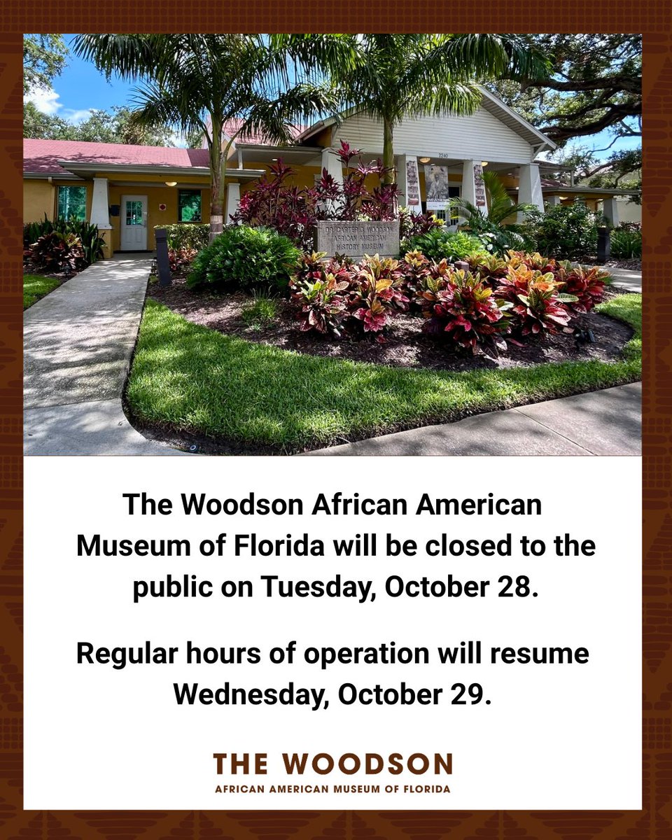 The Woodson African American Museum of Florida will be closed tomorrow, October 28, except for attendees of "At the Feet of the Elders."

This week’s hours of operation will be Wednesday and Thursday from 12–5 PM, and Friday from 11 AM–4 PM.

#thewoodson