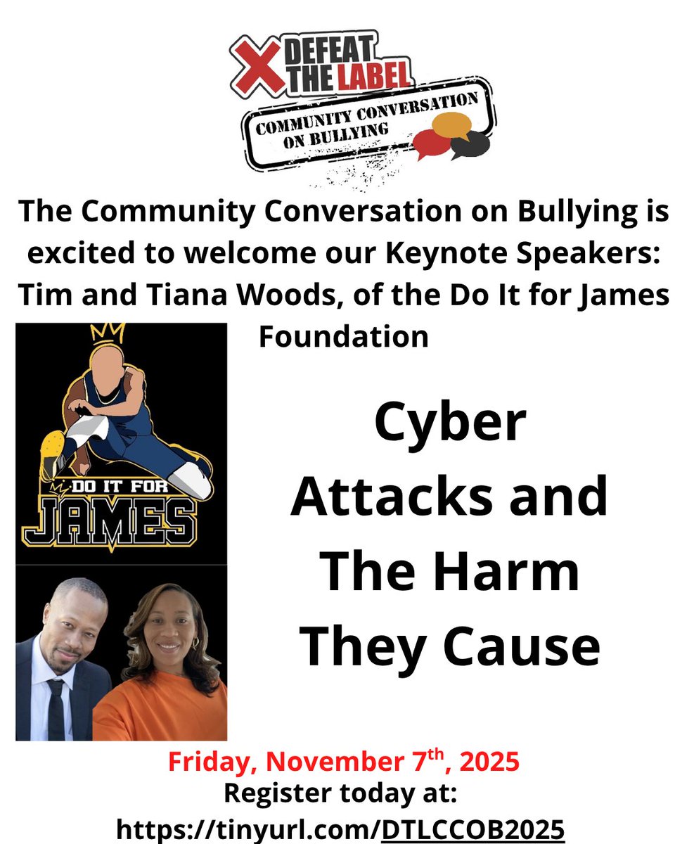 DefeatTheLabel's tweet image. Nov 7, 2025 • FREE + virtual
All-star #CommunityConversation on Bullying:
• Tim &amp;amp; Tiana Woods—Do It for James (keynote)
• Ohio ICAC Cmdr. David Frattare
• Mayim Meyers, LMSW
Register: tinyurl.com/DTLCCOB2025
#DefeatTheLabel #DigitalSafety #Upstander