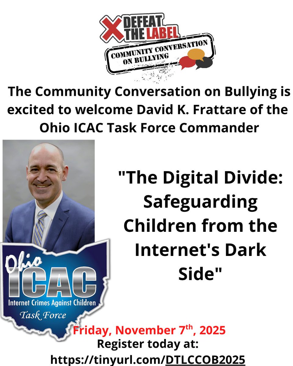 DefeatTheLabel's tweet image. Nov 7, 2025 • FREE + virtual
All-star #CommunityConversation on Bullying:
• Tim &amp;amp; Tiana Woods—Do It for James (keynote)
• Ohio ICAC Cmdr. David Frattare
• Mayim Meyers, LMSW
Register: tinyurl.com/DTLCCOB2025
#DefeatTheLabel #DigitalSafety #Upstander