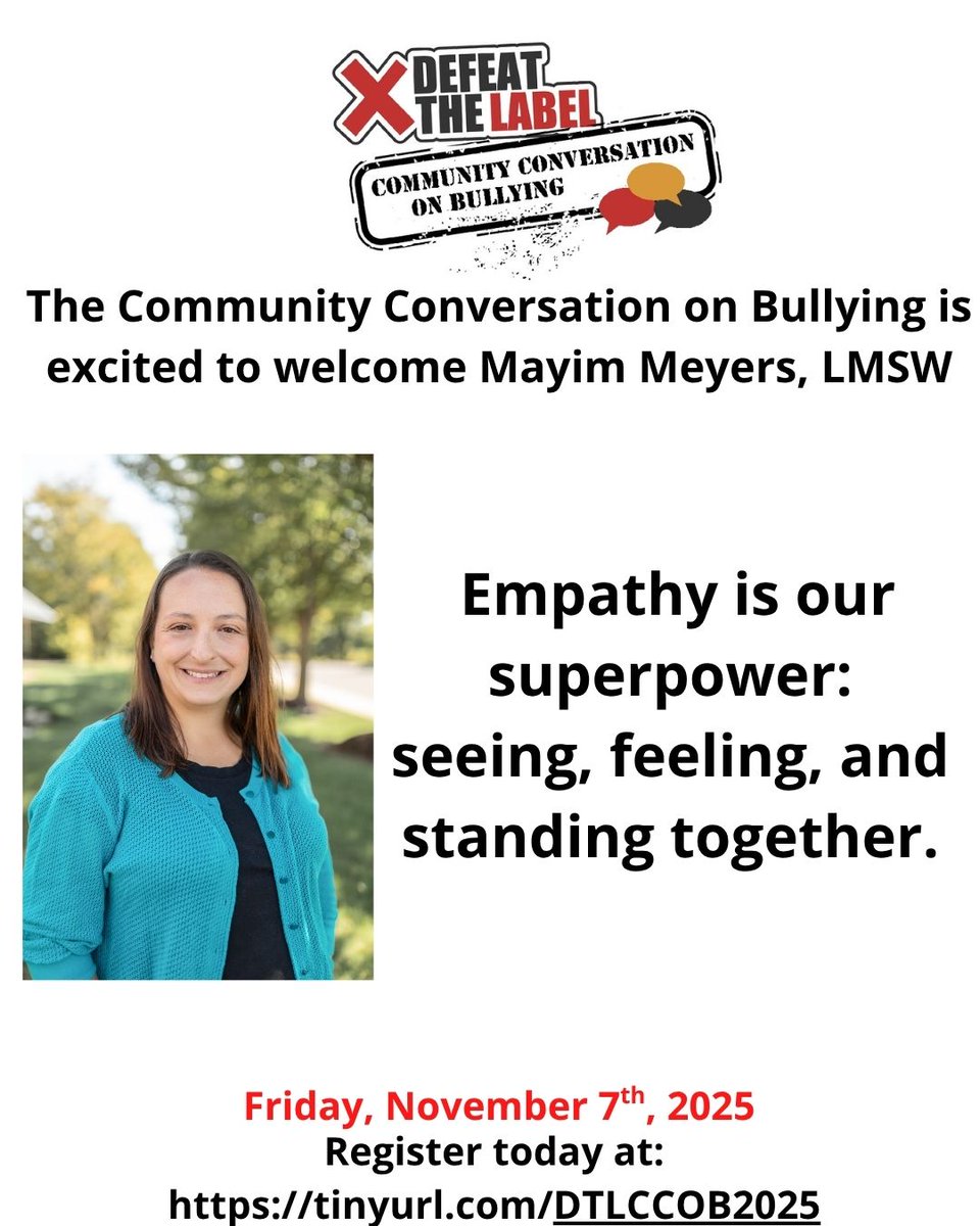 DefeatTheLabel's tweet image. Nov 7, 2025 • FREE + virtual
All-star #CommunityConversation on Bullying:
• Tim &amp;amp; Tiana Woods—Do It for James (keynote)
• Ohio ICAC Cmdr. David Frattare
• Mayim Meyers, LMSW
Register: tinyurl.com/DTLCCOB2025
#DefeatTheLabel #DigitalSafety #Upstander
