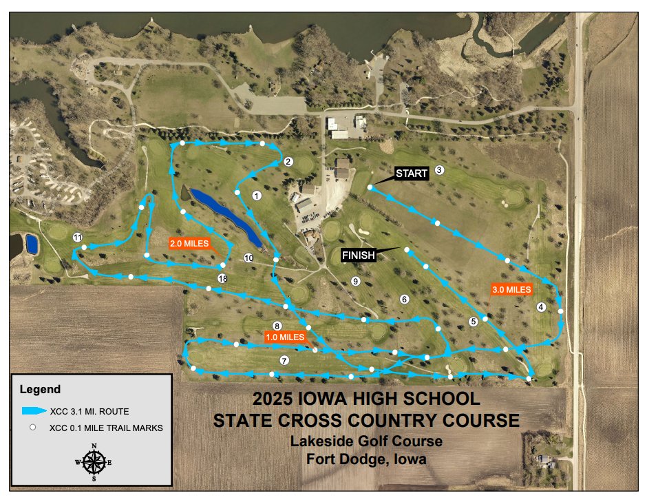 2025 State Cross Country Meet Info
Saturday, November 1st
Lakeside Golf Course in Fort Dodge, IA
2:00 PM - Class 1A Girls
Tickets: $13 - Must be prepurchased online at gobound.com/ia/ighsau/girl… 
Results: results.wayzatatiming.com/meets/58504 
All State XC Information: ighsau.org/2025-cross-cou…