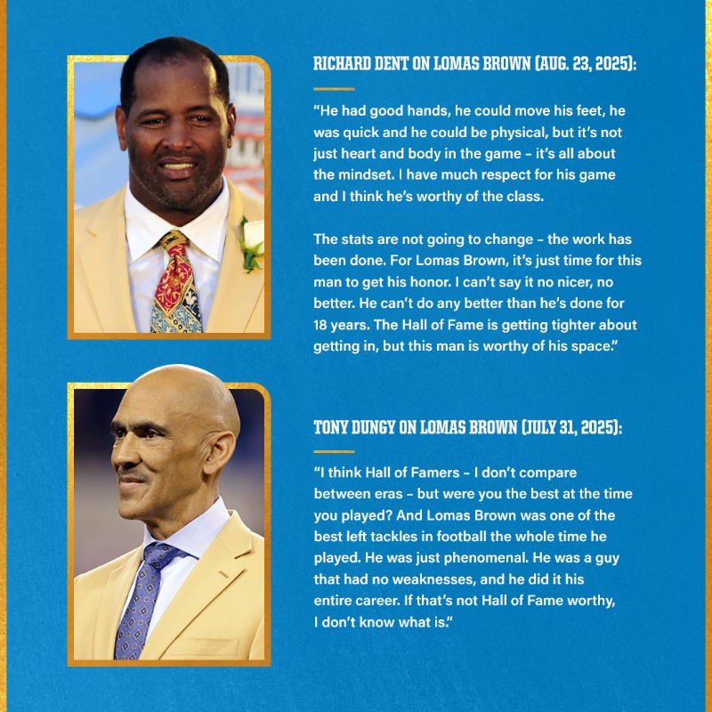 Lions's tweet photo. Lomas Brown's career worthy of Canton

@ProFootballHOF