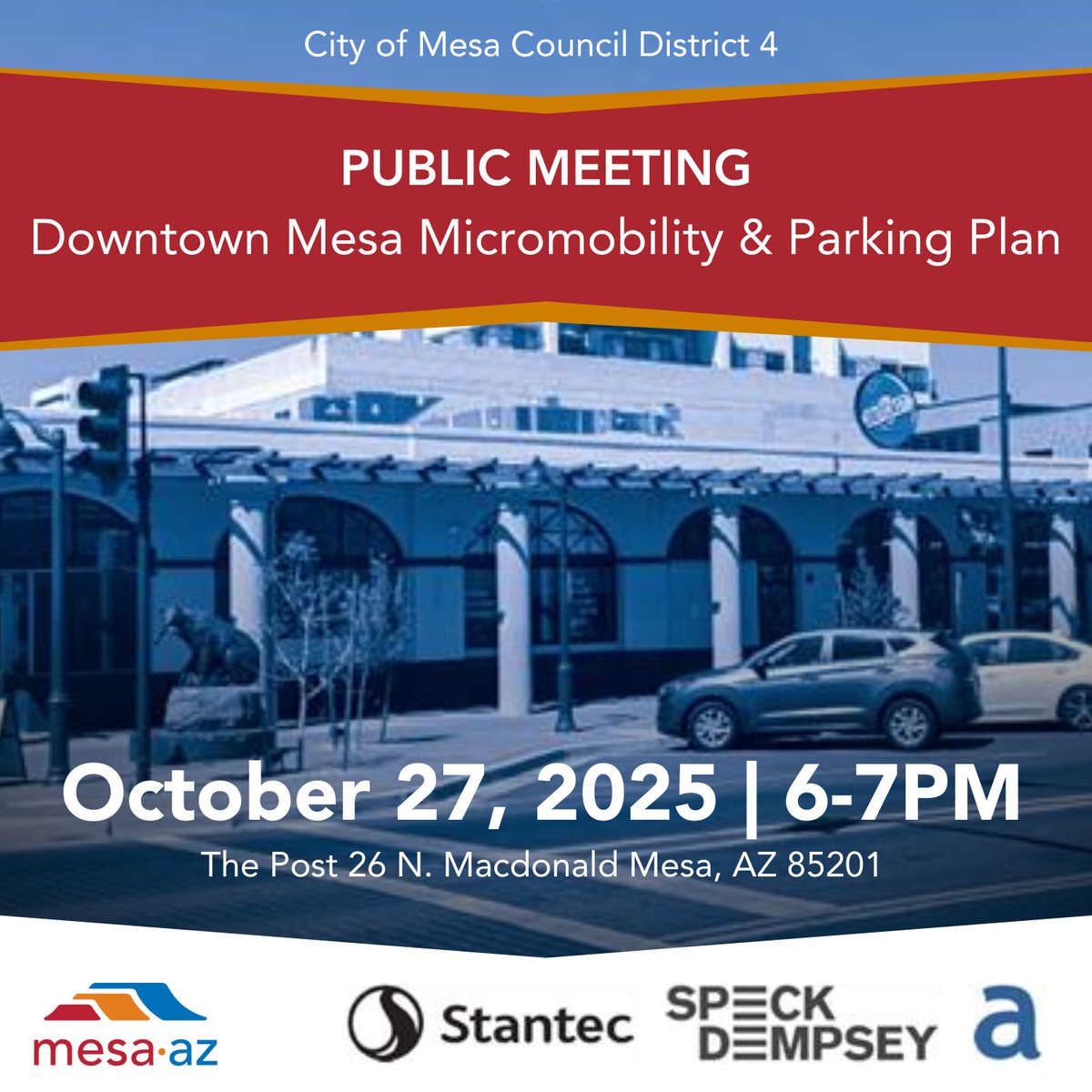 CITYOFMESA's tweet image. Happening today! Come join the conversation about the proposed Downtown Micromobility and Parking Plan. The Department of Urban Transformation team will be there to share updates and answer your questions.

📅 Monday, October 27 | 6–7 p.m.
📍 The Post, 26 N. Macdonald