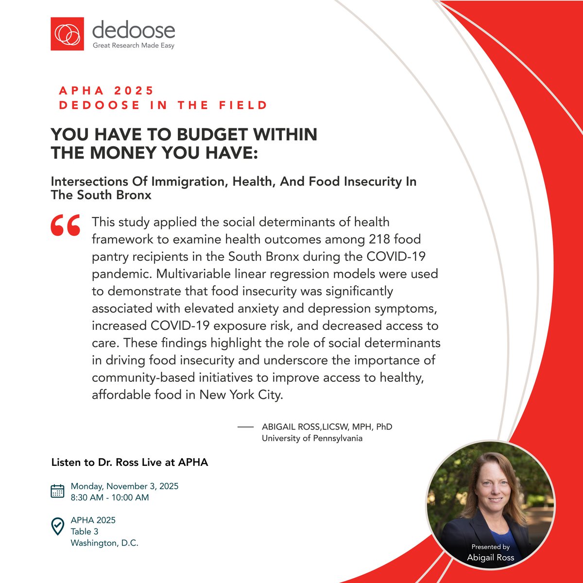 In the South Bronx, #FoodInsecurity data tells a deeper story... 📊

Dr. Abigail Ross (UPenn) used Dedoose to explore how this topic impacts mental health—finding strong links to anxiety, depression, and care access.

See her present live during #APHA2025: dedoose.info/apha25dedoosers
