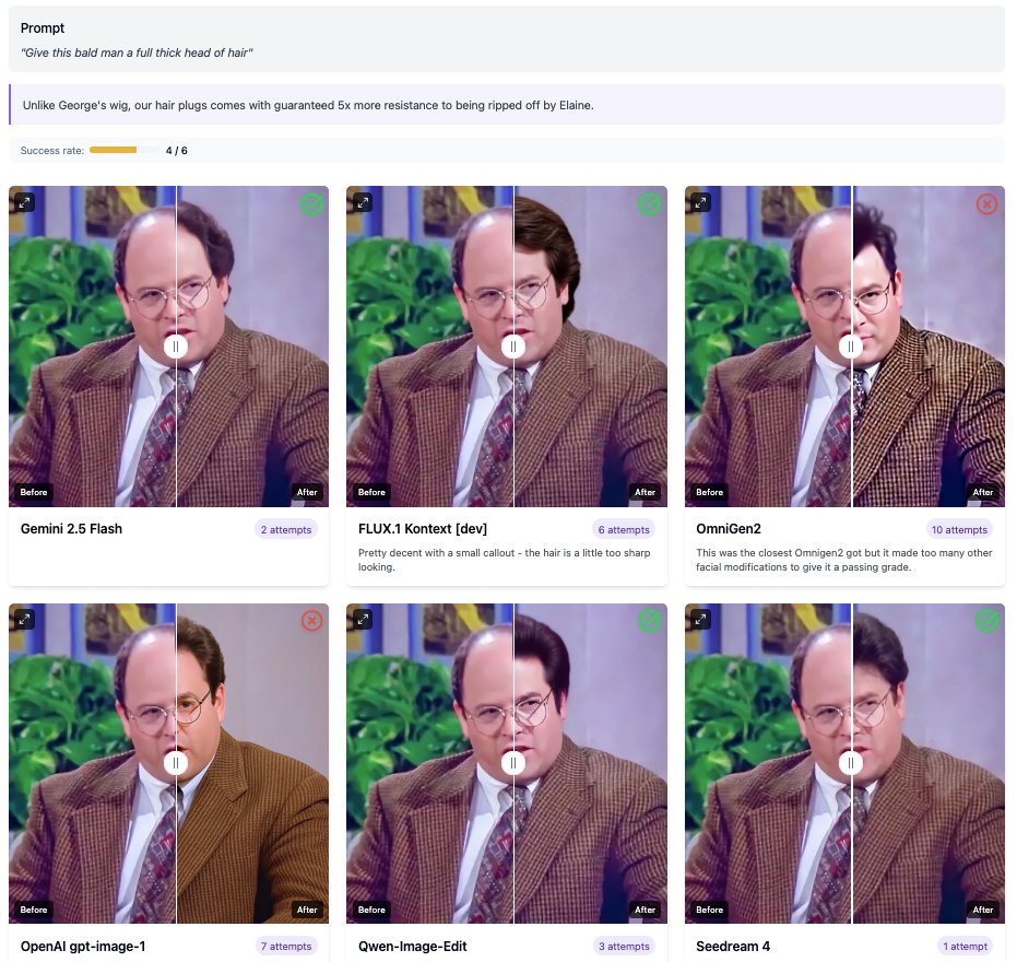 kevinschaul's tweet image. Lovely image editing evals with before/after sliders