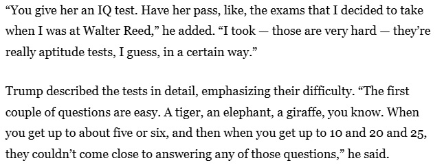 Trump describes a basic cognitive test for dementia as "very hard." This is supposed to be an exceptionally easy test that anyone without dementia will pass without difficulty. dailyboulder.com/trump-79-chall…