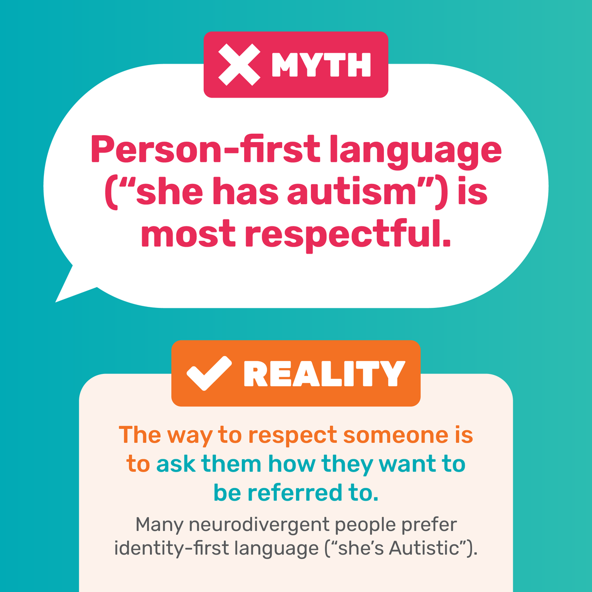 dialecticwork's tweet image. Myth: Person-first language (“has autism”) is always best. Reality: Respect means asking people how they want to be referred to – many prefer identity-first (“she’s Autistic”). Language isn’t one-size-fits-all. Learn more: bit.ly/LS-neuroinclus…