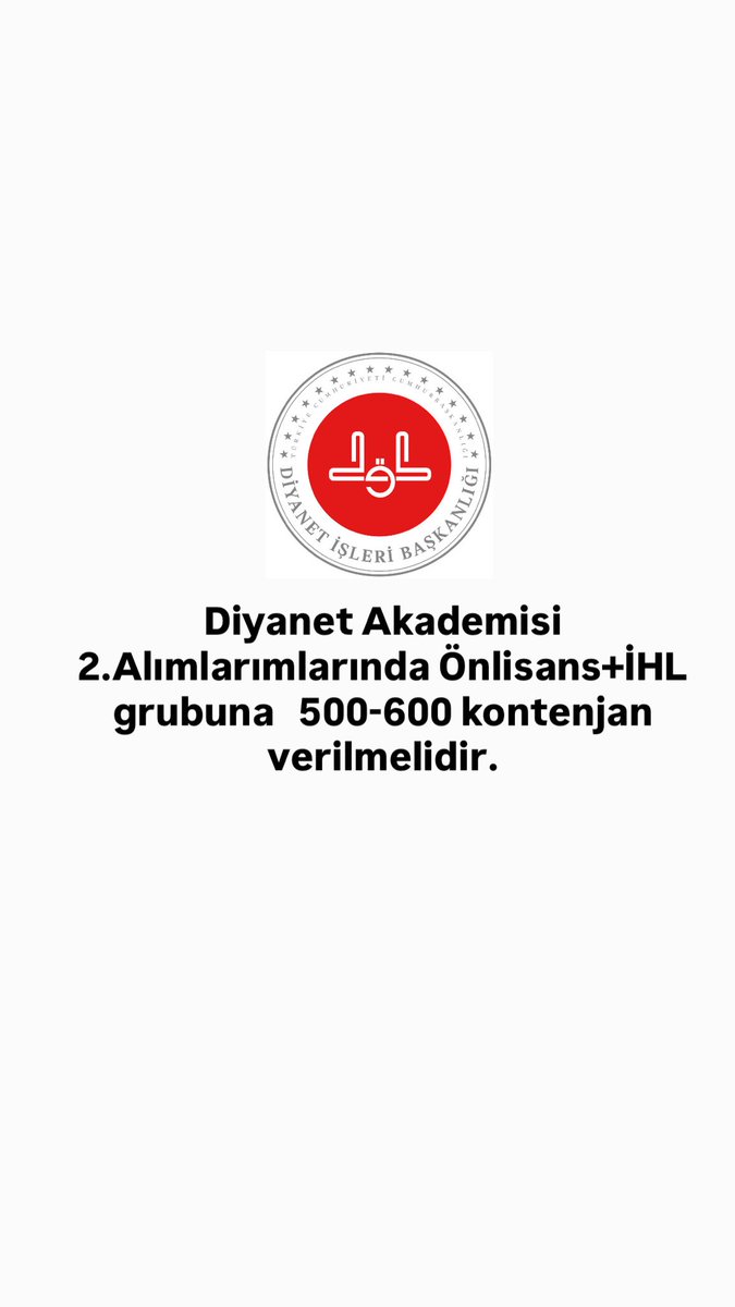 Muhammedsonmz's tweet photo. @Zarifbiri7 @DIBSafiArpagus @diyanethbr @aidemir @_aliyalcin_ @huseyinhazirlar @DibAkademi @HMBakanligi @RTErdogan @diyanetbasin 2024 DHBT İKİNCİ ALIM ÖNLİSANS+İHL kontenjanına 500-600  alım talebimiz vardır. https://t.co/zXmaDhRVYR