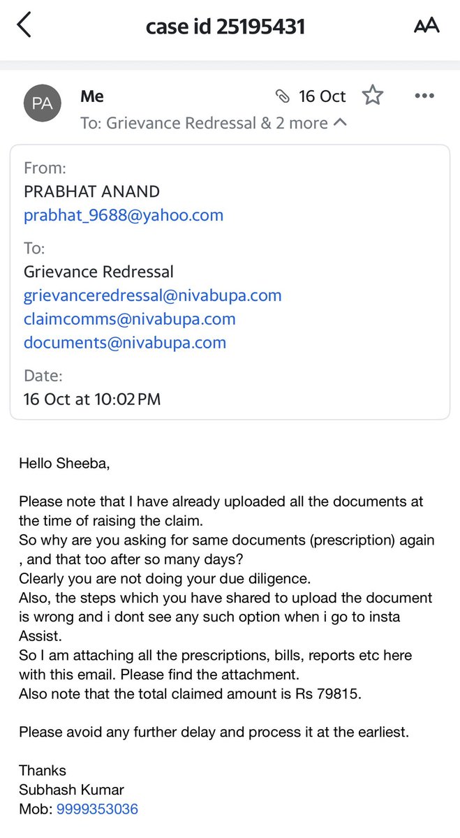 Prabhatvj's tweet photo. @Niva_Bupa i have already submitted all the prescriptions,bills, reports etc for #claim id 2452166. Still you are asking me for same thing again &amp; again and sending same copy paste replies. The total claim amount is Rs. 79815. If you need any clarification, pls call. https://t.co/387TU8n0yT