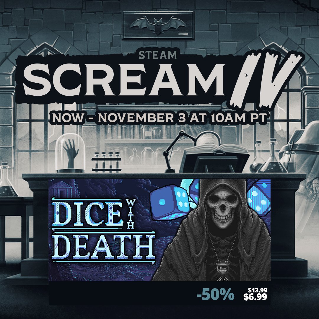 We're in the Steam Scream 4 Fest Halloween Sale! 50% off to celebrate spooky season. 

We got accepted after our application said "you play dice with a big skeleton" so you know we're legit.