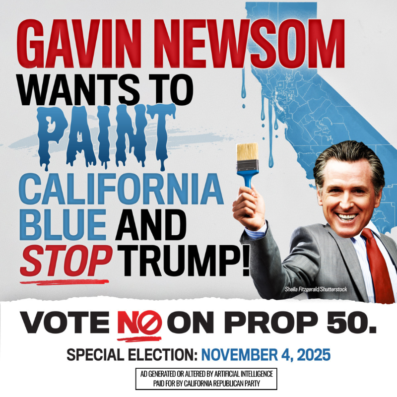 CAGOP's tweet photo. Prop 50 kills CA’s independent redistricting commission and lets politicians redraw their own districts. Vote NO Today!