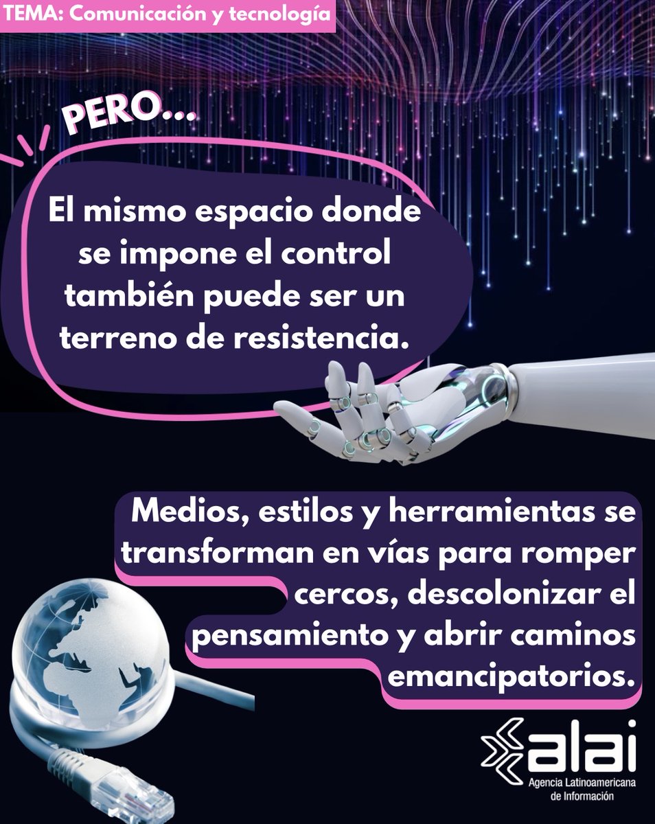 ALAI_XXI's tweet image. 📡Las #comunicaciones son un campo en disputa: sirven para manipular y controlar, pero también para liberar y crear nuevos sentidos📱
¿Cómo usamos hoy nuestros #medios y voces 🎙️? ¿Para reproducir el #poder o para desafiarlo?
Sigue la página de #ALAI 👉alai.info