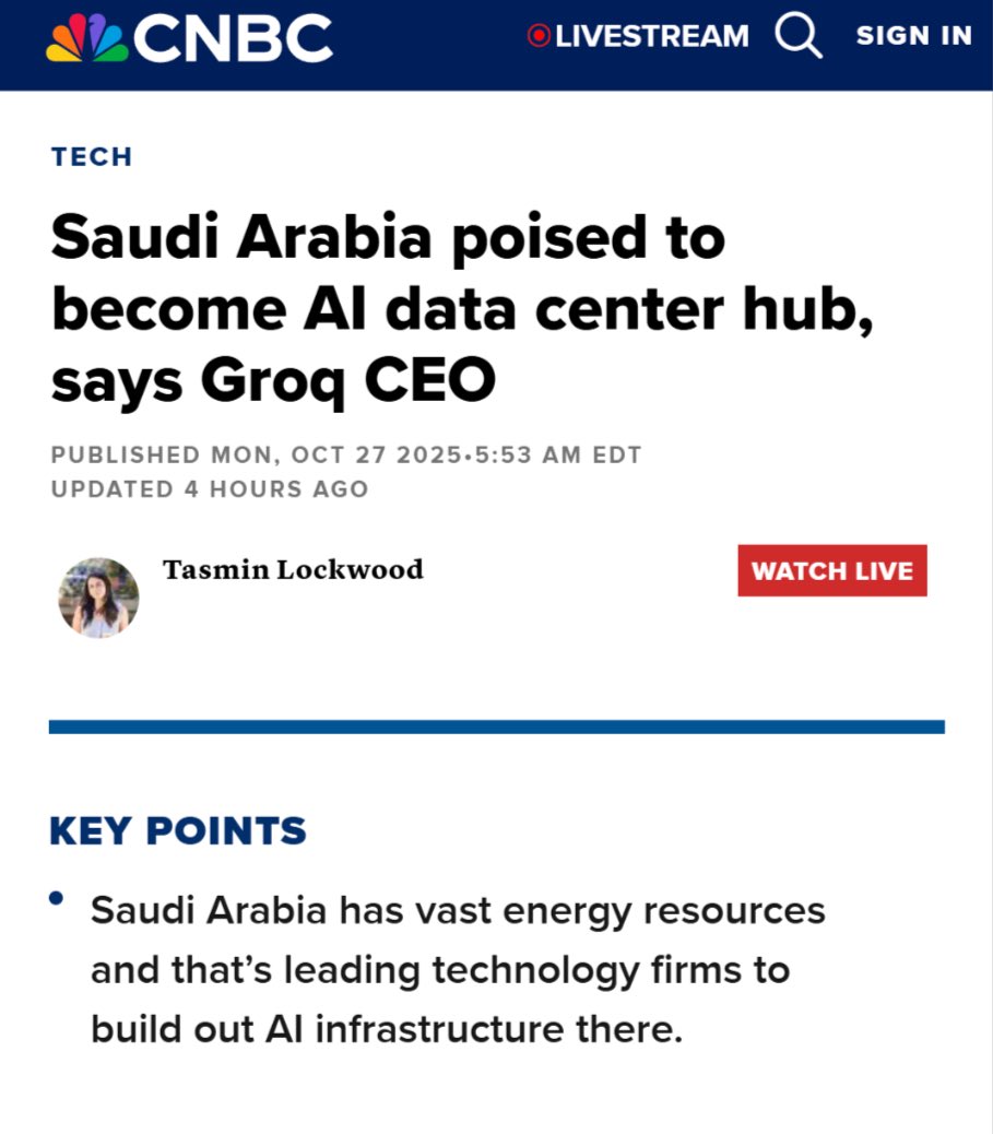 naifco's tweet photo. تصريحات المدير التنفيذي لشركة @GroqInc اليوم من الرياض  لـ CNBC الأمريكية على هامش #مبادرة_مستقبل_الاستثمار  #FII9 :

▫️ السعودية تمتلك مقومات فريدة تجعلها مركزاً إقليمياً للبنية التحتية للذكاء الاصطناعي بفضل قدرتها على تشغيل الحوسبة بكفاءة عالية

▫️ فكرة تصدير البيانات بدلاً من الطاقة يمكن أن تجعل المملكة مصدّراً رئيسياً للبيانات والذكاء الاصطناعي في المنطقة والعالم

▫️ شركة Groq تتعاون مع أرامكو الرقمية لبناء أكبر مركز بيانات للذكاء الاصطناعي في العالم، ومع شركة Humain لتطوير نماذج ذكاء اصطناعي محلية متقدمة

▫️ تشغيل شرائح الكمبيوتر (الرقائق) في السعودية أرخص فعلياً من بعض الدول الاسكندنافية، المعروفة بأسعار الطاقة المتجددة المنخفضة