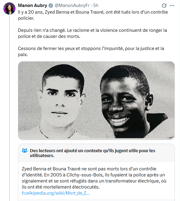 FredericLefevre's tweet photo. Ce 20ème anniv. "Zyed et Bouna" est l'occasion d'observer comment mensonge et manipulation sur les RS sont organisés chez LFI.
PS : Ceux imaginant que les femmes font la Politique autrement en sont pour leurs frais...Même cynisme clientéliste.
#Zyed #Bouna https://t.co/ZKhL7FT0b7