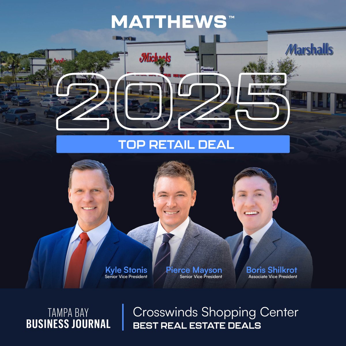 Matthews_CRE's tweet photo. The Tampa Bay Business Journal’s 2025 Best Real Estate Deals awards recognized Pierce Mayson, Boris Shilkrot, and Kyle Stonis for Top Retail Deal. 🚀
🔗 https://t.co/FcFF4QREcW
#Matthews #CRE #Retail #FloridaRE #TBBJ https://t.co/ay6UcPQ8M4