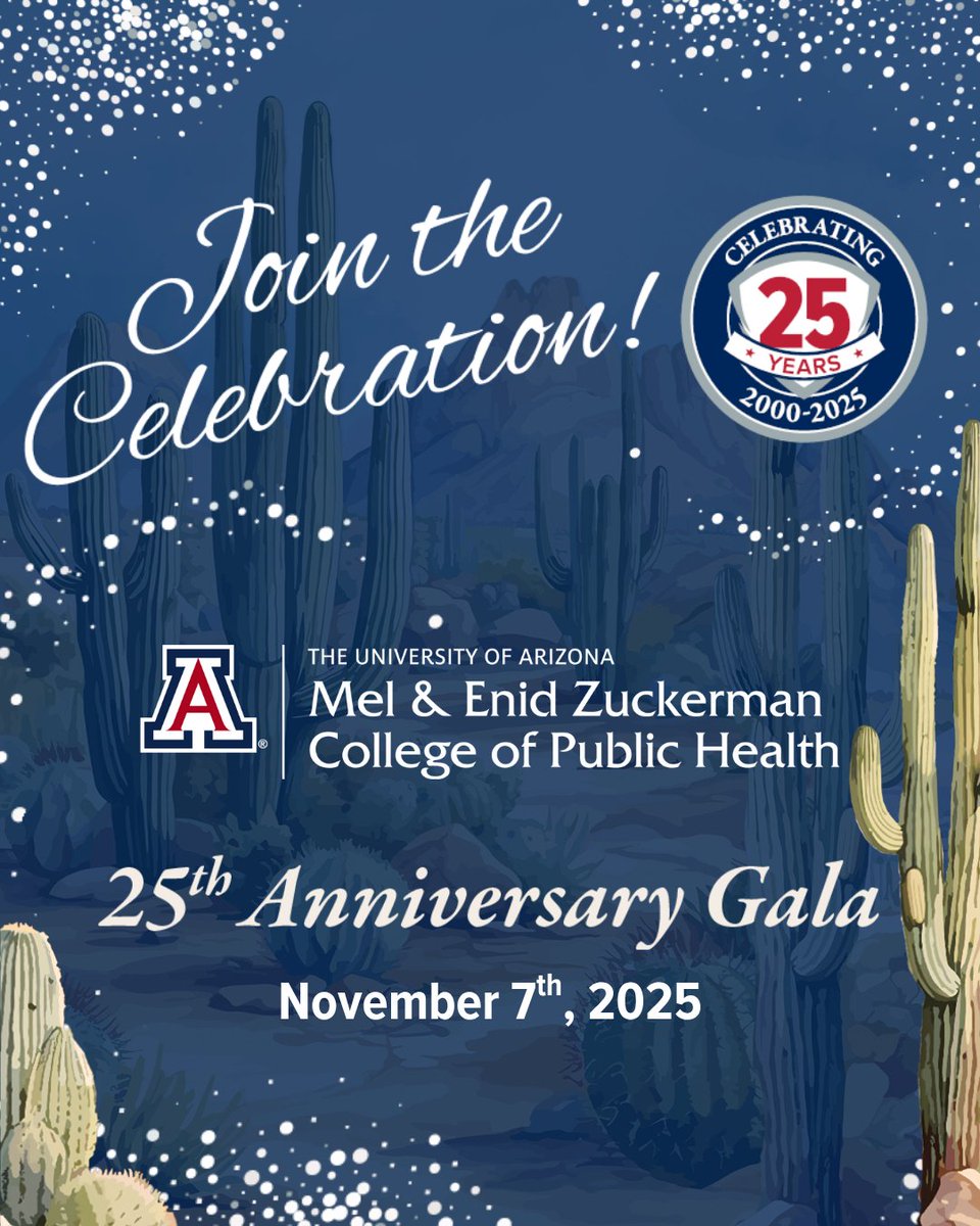 UAZPublicHealth's tweet image. It's almost time to celebrate 25 years of the Mel and Enid Zuckerman College of Public Health! Join us!

Our 25th Anniversary Gala is coming up on November 7th, 2025. 

We look forward to seeing you there! bit.ly/4hx5L4z
#publichealth #uarizona #25years