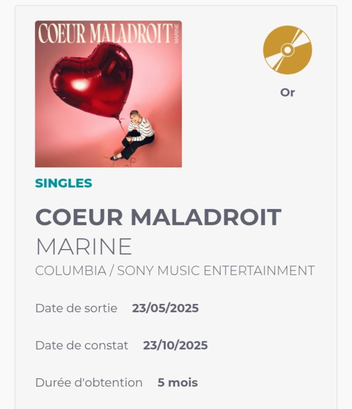 fabien_fichaux's tweet photo. La date de constat de la certification du single d'or de "Coeur maladroit" de Marine est le 23 Octobre 2025 soit 5 mois après sa sortie #Marine #CoeurMaladroit #SingleDor https://t.co/hGk7KPScyC