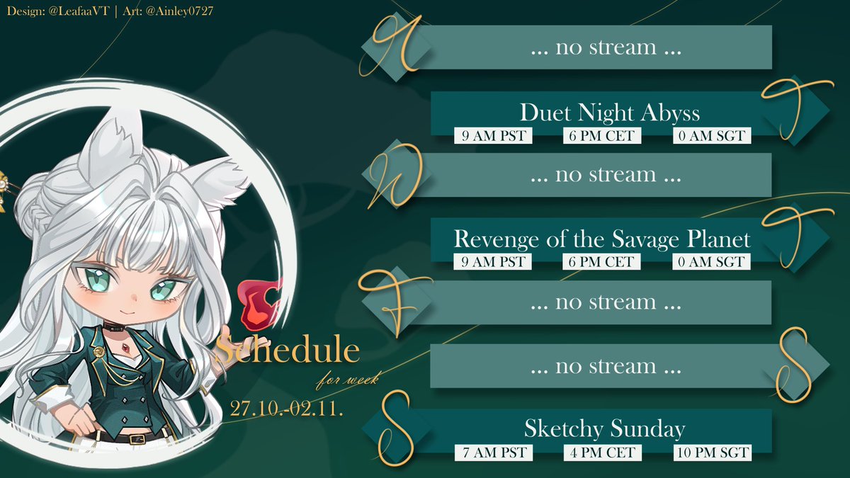 leafaemberglow's tweet photo. Stream Schedule for this week. 27. Oct - 02. Nov
Launch day for #DNAbyss on Tuesday. Soooo excited! ₍₍⚞(˶>ᗜ<˶)⚟⁾⁾
【 🦊🍂 】
#StreamSchedule #VtuberEN #Vtuber https://t.co/bFXkerMr8f