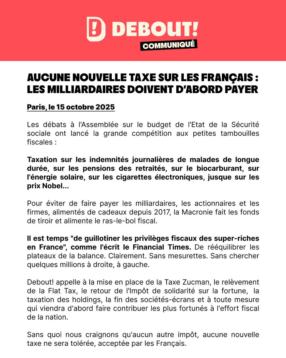 🔴  Aucune nouvelle taxe sur les Français : les milliardaires doivent d'abord payer !

Notre communiqué sur les débats parlementaires sur le budget à l'Assemblée ⤵️
