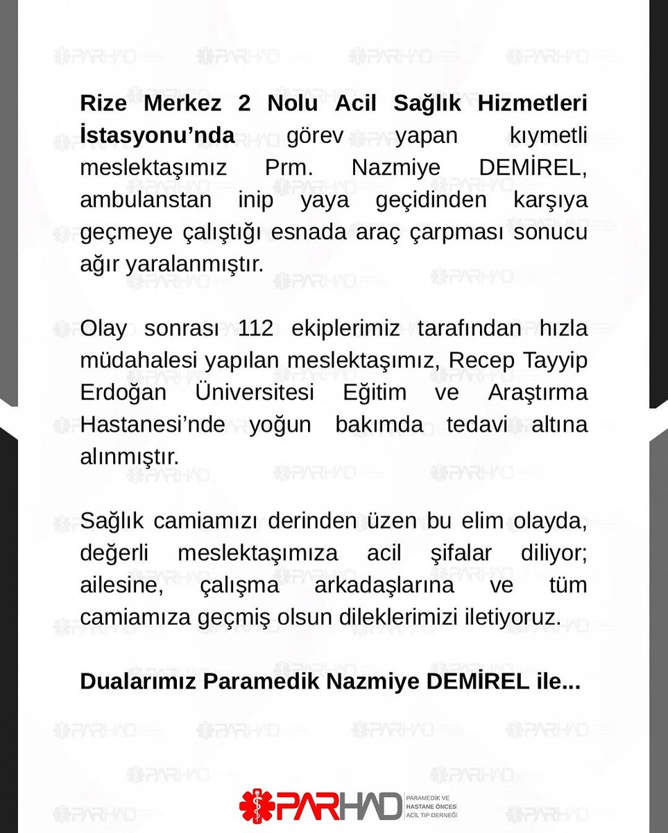 parhadtr's tweet photo. Geçmiş Olsun #Rize 112!
Dualarımız Paramedik Nazmiye DEMİREL ile… https://t.co/GgkOHPKEQt