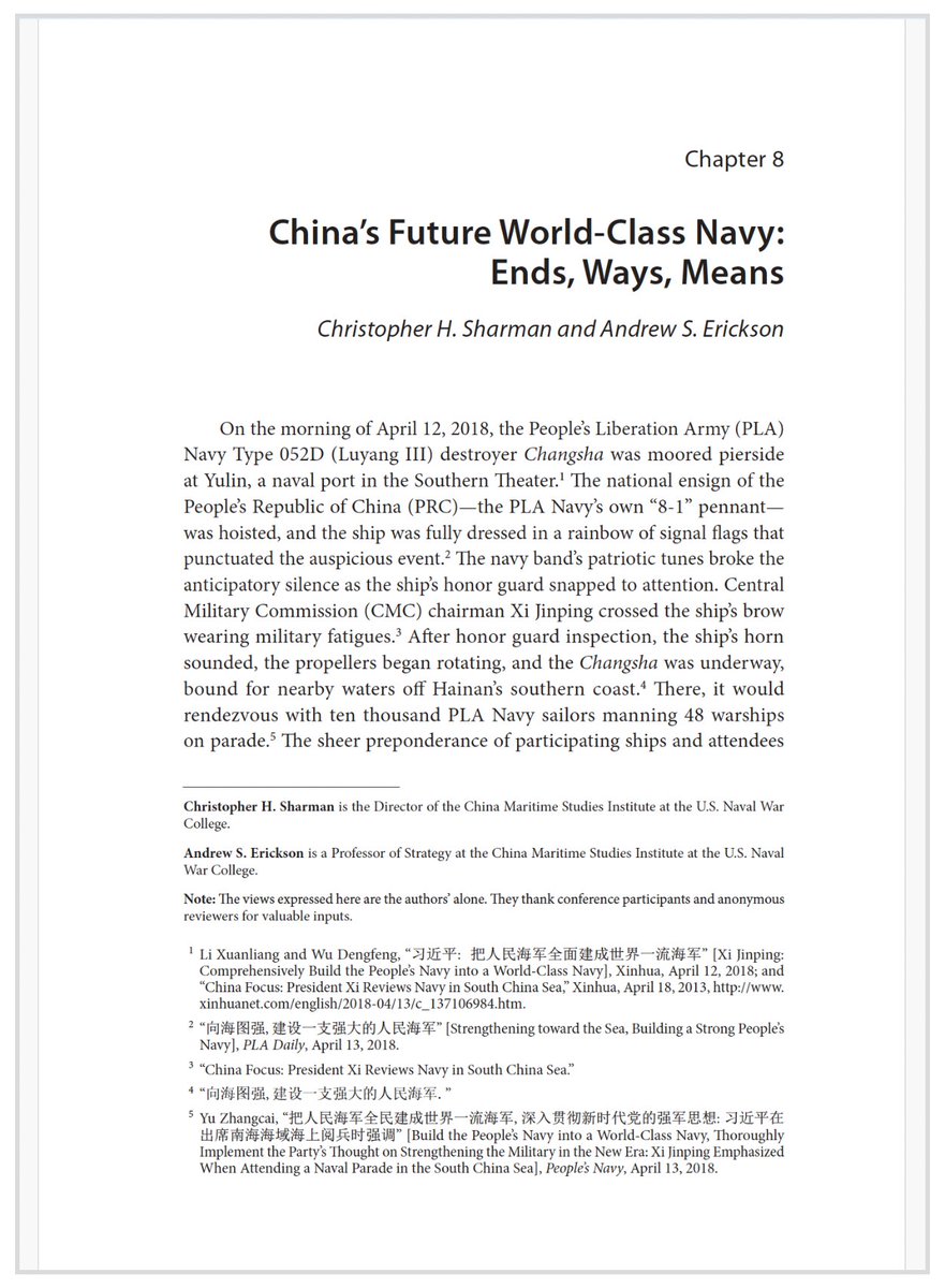 AndrewSErickson's tweet photo. Honored to coauthor chapter with @NavalWarCollege/@ChinaMaritime Director @ChrisHSharman  — “#China’s Future World-Class #Navy: Ends, Ways, Means”!

Key Points: https://t.co/8zkTiWrKKf

Full text: https://t.co/dRDKrgVzd5

Great to be included in @BenjaminFrohman & @JeremyRausch’s new @NBRnews volume!

The PLA’s Long March toward a World-Class #Military: Progress, Ambitions, and Obstacles

Download full text of book: https://t.co/nsd2e6o2Nh

China’s Future World-Class Navy: Ends, Ways, Means

by Christopher H. Sharman & Andrew S. Erickson
October 27, 2025

This chapter identifies the PLA Navy’s 2035 & midcentury modernization goals, examines its progress in building requisite world-class capabilities, & assesses its current capability shortfalls & efforts to overcome them.

MAIN ARGUMENT

While there are multiple ways to measure a “world-class” navy, what matters most are China’s own criteria informing its efforts toward that end. Capabilities-based benchmarks are a widespread indicator of a navy’s level. PLA leadership appears focused on developing the capabilities that improve the PLA Navy’s proficiency to execute specified missions at the operational level of war. China’s 2019 defense white paper provides a roadmap for the PLA Navy to become the world’s most capable navy regarding these missions. Only when the PLA Navy successfully integrates the means required to support the full range of these missions will Beijing perceive that it has reached world-class status. By sowing doubt about the PLA Navy’s capability to execute these missions, Washington can downgrade party-military leadership perceptions about China’s world-class naval status and instill restraint.

POLICY IMPLICATIONS

⚓ Full world-class status is reserved for when the PLA Navy establishes a global navy capable of protecting Chinese interests worldwide as instructed. On its current trajectory, the PLA Navy is likely to be capable of fully executing such operations by midcentury.

⚓ If Beijing is unable to effectively integrate advanced technologies into tactical operations to enable the building of its desired fleet, then the PLA Navy will question its ability to surpass the @USNavy & achieve its top-tier objective.

⚓ If the PLA Navy is unable to access suitable overseas ports for ship repair & armament resupply, its combat power projection overseas will be limited, thereby degrading the PRC’s ability to use the PLA Navy as a tool of influence overseas & potentially slowing its progress toward achieving its world-class objectives.

Read other illuminating chapters by Joshua Arostegui @CLSC_USAWC, @GeraldC_Brown/@csisponi/@SAISStrat, @JamesCharChina, @CLGarafola/@RANDCorporation, @addis_goldman, @ehundman/@BluePathLabs, Elliot S. Ji @INSSatNDU/@NDU_EDU, @KatherineKurata/@ChinaSelect, Evan McKinney @usairforce (ret.), @MeiaNouwens/@IISS_org, @Liza_D_Tobin & Jake Vartanian @us_awc!

ATTN: @JerryHendrixII