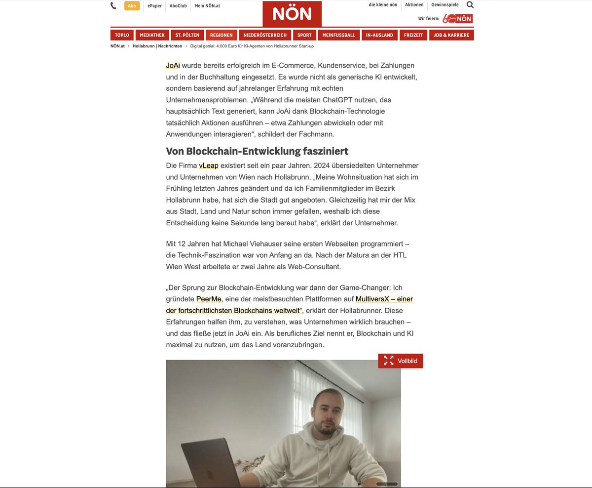 We made it into one of Austria’s biggest news outlets with our recent JoAi award!🔥

Over 1.5 million monthly readers can now discover JoAi, "built on Multiversᕽ – one of the most advanced blockchains in the world"

Likely in the next print edition as well✅