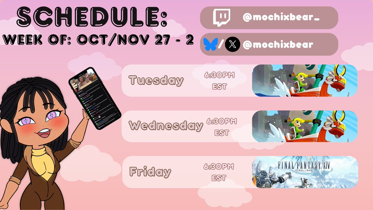 Here is this week's stream schedule! Now that we have finished Heavensward, time to finally beat LOZ Windwaker! then once beaten, back to the FF14 grind!