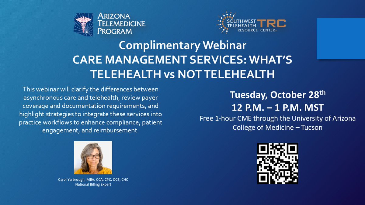 CARE MANAGEMENT SERVICES: What’s Telehealth vs Not Telehealth
🗓 Oct 28 | 12–1 PM MST
🎓 Free 1-hour CME
✅ Learn the difference between telehealth &amp; asynchronous care, payer rules, and workflow strategies for compliance &amp; reimbursement.
🔗 Register: arizona.zoom.us/webinar/regist…
#CME