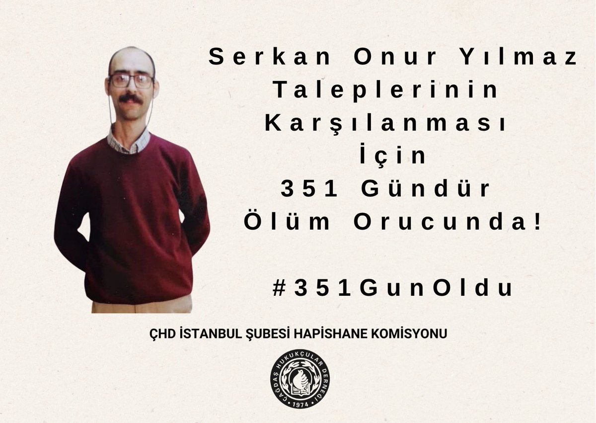 351 gün oldu. 
Serkan 351 gündür aç... 

351 gündür açlığıyla haykırıyor Serkan: İnsanlık dışı tecrit işkencesine son verin! Kuyu tipi ölüm hücrelerini kapatın!

S, R, Y tipi ve yüksek güvenlikli (Kuyu tipi) hapishaneler kapatılsın! 
Tecrit işkencesine son verilsin!

#351GunOldu