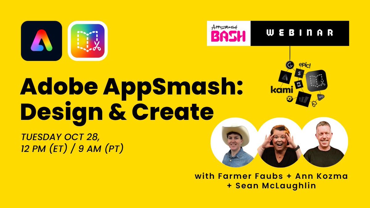 Get ready for some global creativity 🤠🥳🤩 and an epic #AppSmashBash w <a href="/farmerfaubs/">Farmer Faubs 🤠+🌈</a> and Sean McLaughlin! We're sharing how <a href="/AdobeExpress/">Adobe Express</a> and <a href="/BookCreatorApp/">Book Creator Team</a> partner perfectly to level up the creativity!

📅 Oct 28 🕘 9am PT /12pm ET /5pm BST
🎟️ Sign up 👉 hubs.la/Q03KHlCf0