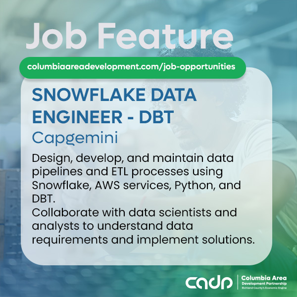 CADP_SC's tweet image. JOB FEATURE:Do you have experience with Snowflake, AWS service, Python and DBT. Capgemini is hiring a Data Engineer!

details + more jobs ➡ columbiaareadevelopment.com/job-opportunit…

#CADPSC #economicengine #careers #ColumbiaSCregion #RichlandSC
