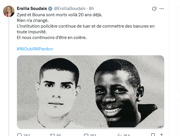 FredericLefevre's tweet photo. Ce 20ème anniv. "Zyed et Bouna" est l'occasion d'observer comment mensonge et manipulation sur les RS sont organisés chez LFI.
PS : Ceux imaginant que les femmes font la Politique autrement en sont pour leurs frais...Même cynisme clientéliste.
#Zyed #Bouna https://t.co/ZKhL7FT0b7