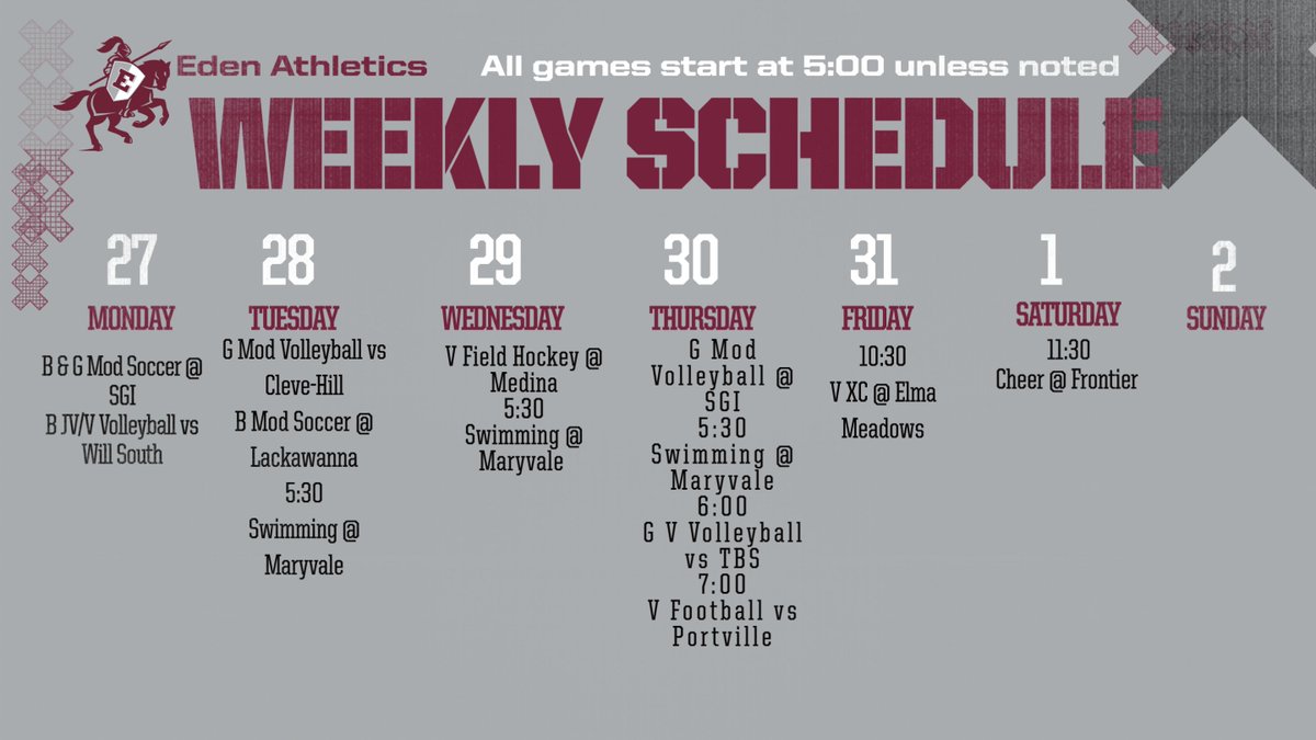 📢 <a href="/EdencsdRaiders/">EdenAthletics</a>
Here’s what’s happening this week at Eden. <a href="/EdenCSD/">Eden Central Schools</a> <a href="/EdenASBC/">Eden ASBC</a>
⚽️🏈🏑🏃🏃‍♂️🏊‍♀️📣🏐