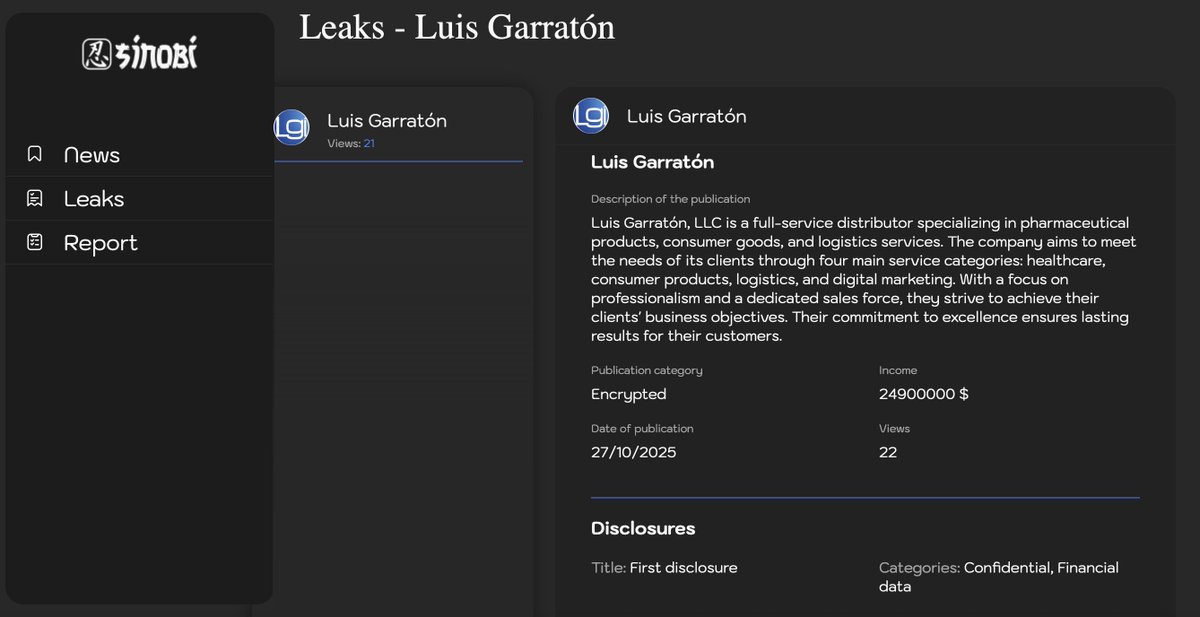 _venarixES_'s tweet image. El grupo #Sinobi #ransomware habría #hackeado a Luis Garratón, LLC (lgipr.com), con sede en #Bayamon, #PuertoRico 🇵🇷, distribuye productos médicos y bienes de consumo… 
🚩 Este sería el 3er. #ciberataque contra esta firma en lo que va de 2025... 
🌐 Seguí en tiempo…