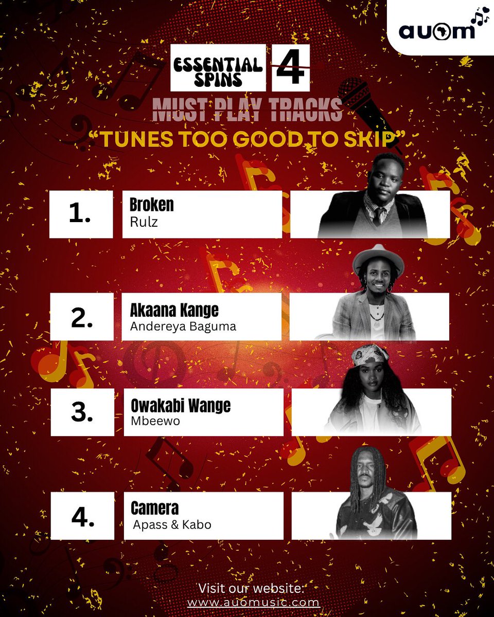 auomusic's tweet photo. These tracks are too good to skip this week — your playlist deserves them 🎶

🎧 1. Broken – Rulz
🎧 2. Akaana Kange – Andereya Baguma
🎧 3. Owakabi Wange – Mbeewo
🎧 4. Camera – A Pass &amp; Kabo

👉 Visit https://t.co/gT9k3kojDQ for more!

#UgMusic #NowPlaying #MusicLovers https://t.co/jgIGQwqf28