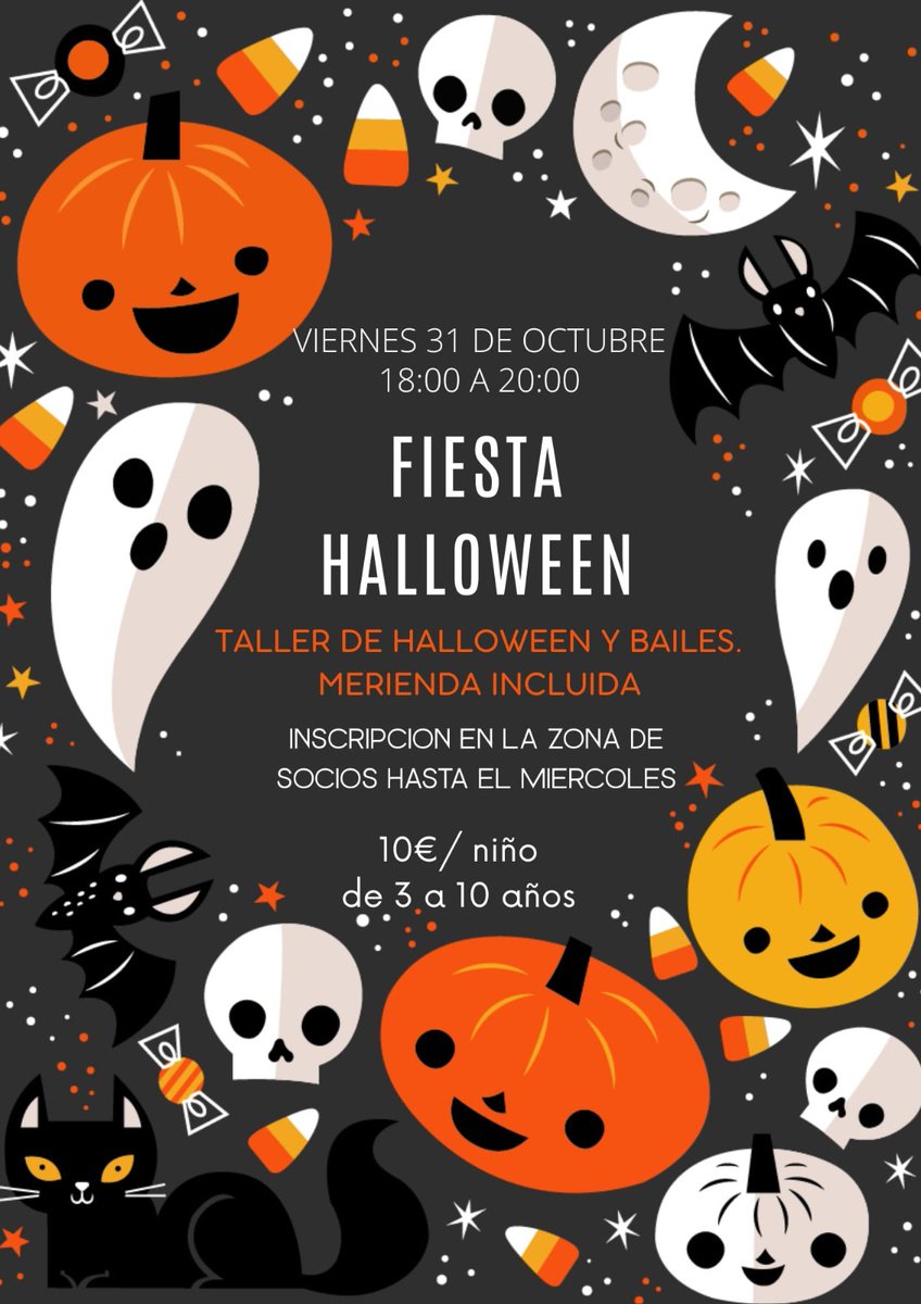 🎃 𝐅𝐢𝐞𝐬𝐭𝐚 𝐝𝐞 𝐇𝐚𝐥𝐥𝐨𝐰𝐞𝐞𝐧 𝐞𝐧 𝐞𝐥 𝐂𝐥𝐮𝐛 👻

📅 Viernes 31 de octubre 
⏰ 18:00 a 20:00 h
📍 Guardería del Club

🧒 Para socios de 3 a 10 años
💶 10 € por niño
📝 Inscripciones en el Área Privada

🔗 Toda la información en la web 

tenisbetis.com/index.php?id=1…