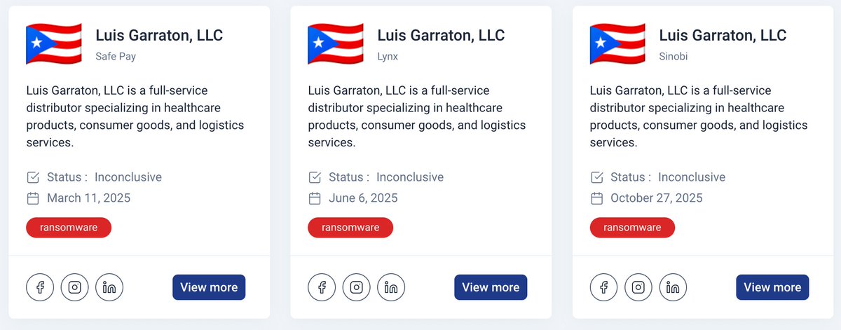 _venarixES_'s tweet image. El grupo #Sinobi #ransomware habría #hackeado a Luis Garratón, LLC (lgipr.com), con sede en #Bayamon, #PuertoRico 🇵🇷, distribuye productos médicos y bienes de consumo… 
🚩 Este sería el 3er. #ciberataque contra esta firma en lo que va de 2025... 
🌐 Seguí en tiempo…